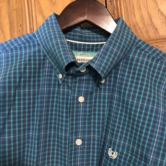 Panhandle Rough Stock Shirt Mens L Blue Plaid SS 100% Cotton Button Down Pocket - Picture 3 of 12